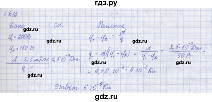 ГДЗ по физике 10 класс Пурышева рабочая тетрадь Базовый уровень задача - 216, Решебник №1