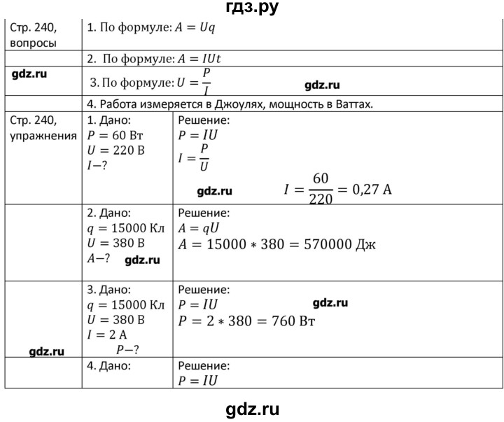 ГДЗ по физике 8 класс Грачев страница - 240, Решебник