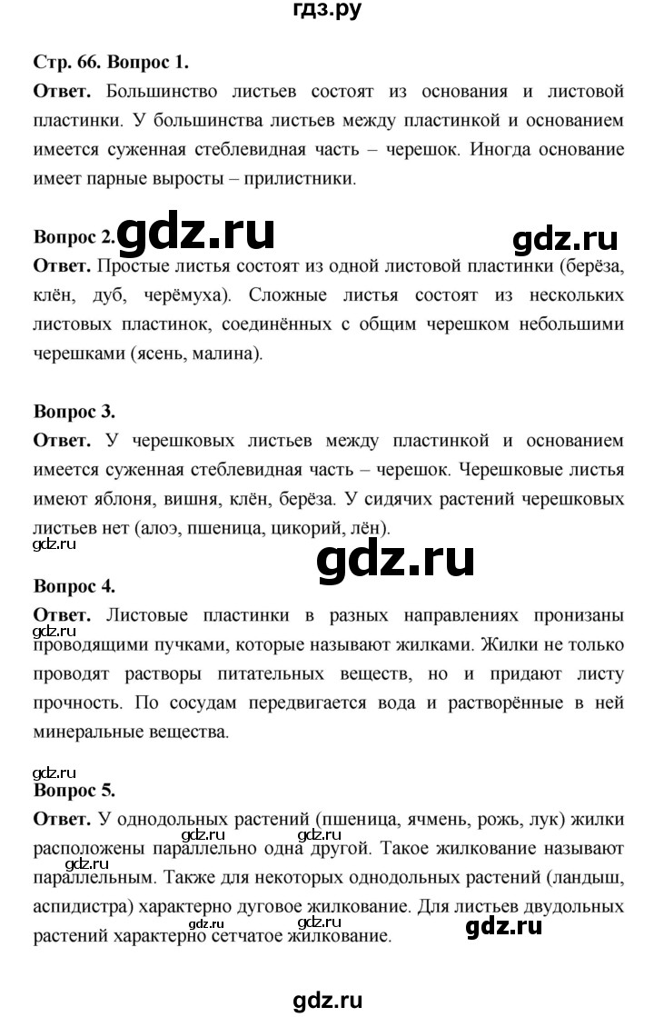 ГДЗ по биологии 6 класс  Пасечник  Базовый уровень страница - 66, Решебник