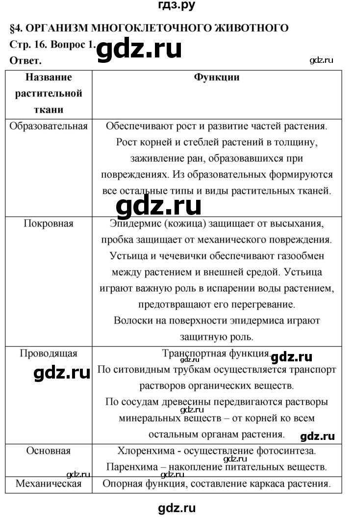 ГДЗ по биологии 8 класс  Пасечник  Базовый уровень параграф 4 (страница) - 16, Решебник