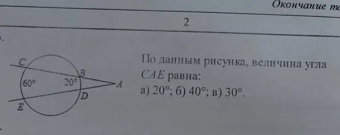 По данным рисунка, величина угла CAE равна:
а)20°,б)40°,в)30°