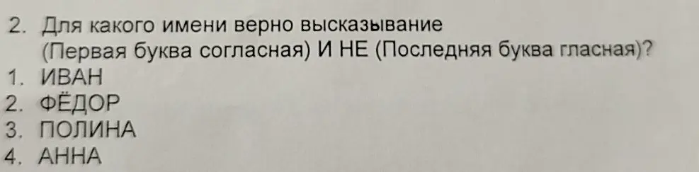 Для какого имени верно высказывание
(Первая буква согласная)И НЕ (Последняя буква гласная)?