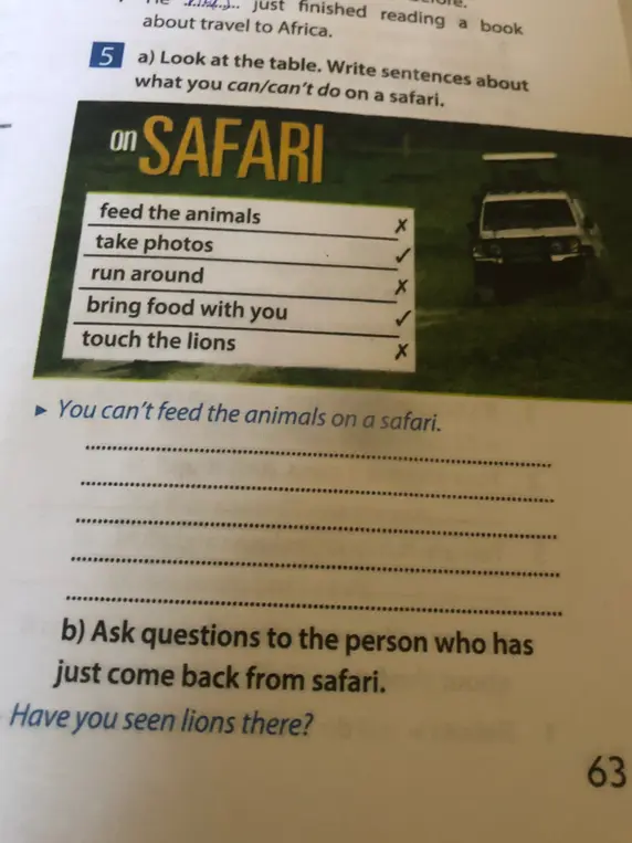 Look at the table.Write sentences about what you can/can’t do on a safari