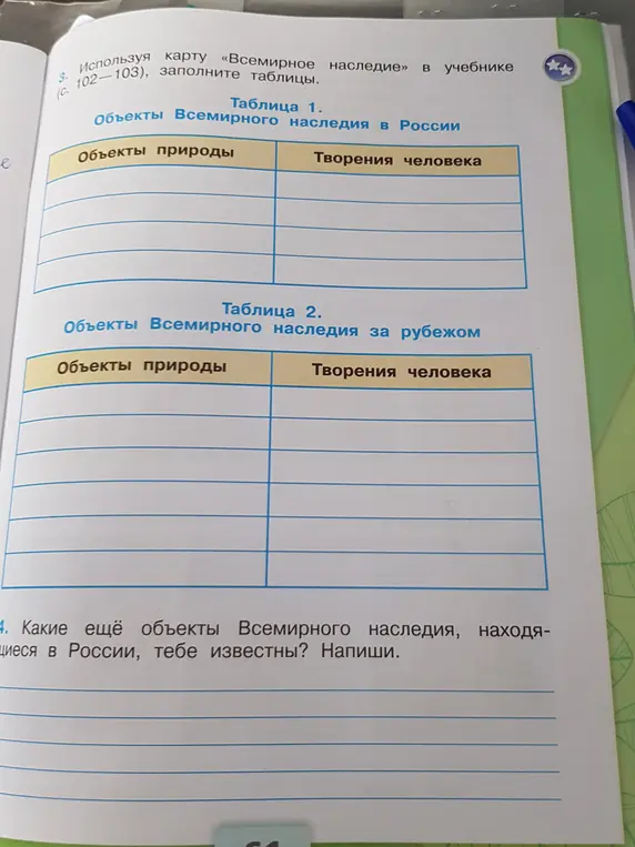 Используя карту «Всемирное наследие» в учебнике, заполните таблицы.