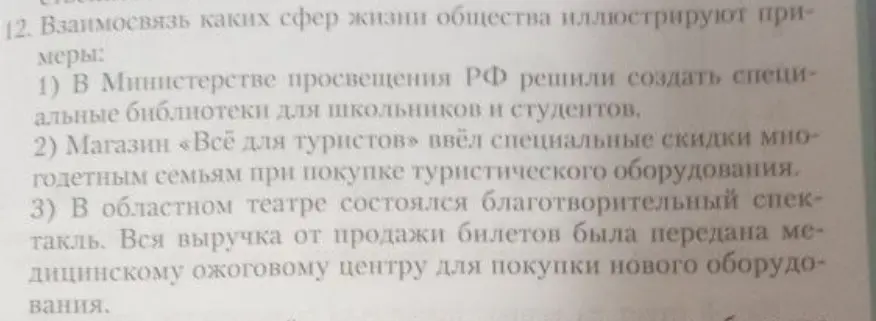Взаимосвязь каких сфер жизни общества иллюстрирует примеры 1 в министерстве просвещения РФ решили создать специальные библиотеки для школьников и студентов 2 магазин все для туристов ввёл специальные скидки многодетным семьям. При покупке туристического оборудования 3 в областном театре состоялись благотворительный спектакль, вся выручка от продажи билетов была переданном медицинскому ожиговому центру для покупки нового оборудования.