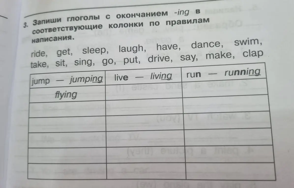 Запиши глоголы с окончанием -ing в соответствующие колонки по правилам написания.