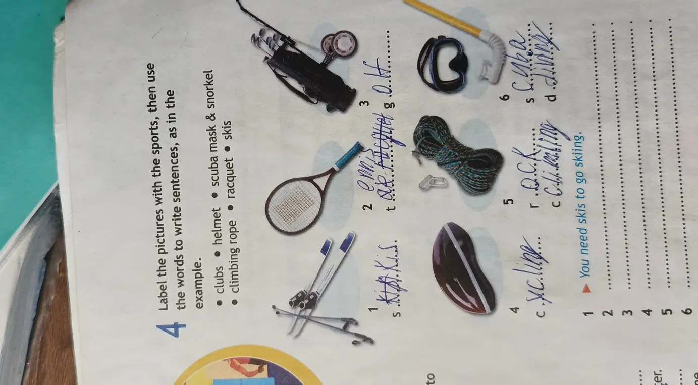 Labelthe pictures with the sports, then use the words to write sentences, as in the example