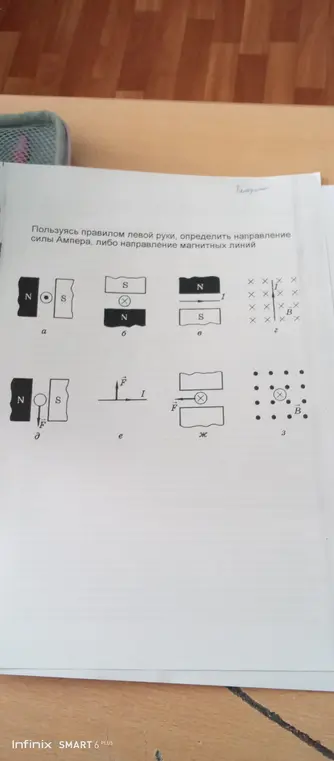 Пользуясь правилом левой руки определить направление силы Ампера либо направление магнитных линий
