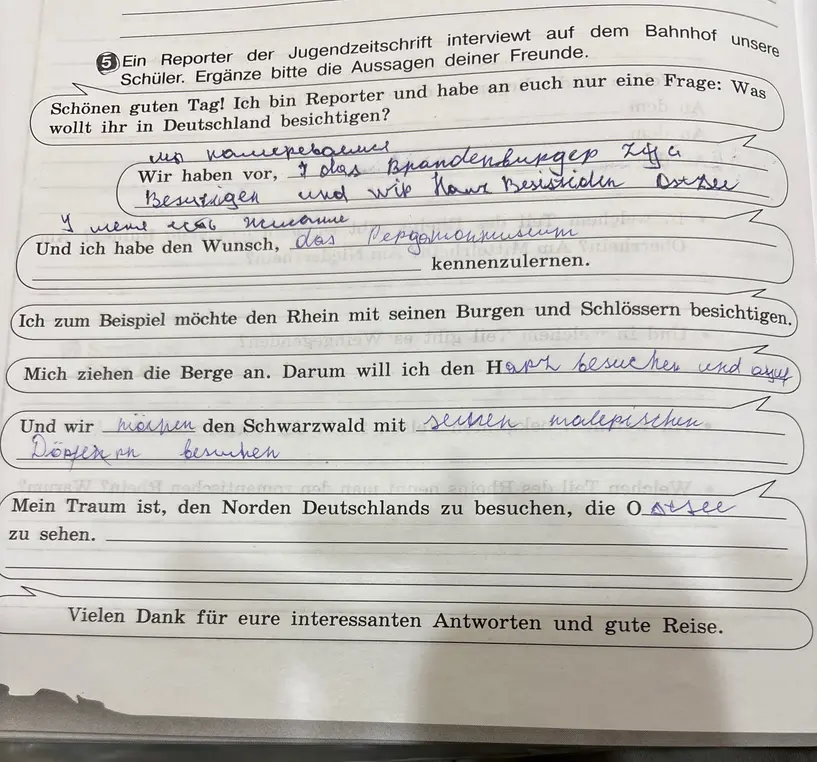 Ein Reporter der Jugendzeitschrift interviewt auf dem Bahnof unsere Schüler. Ergänze bitte die Aussagen deiner Freunde