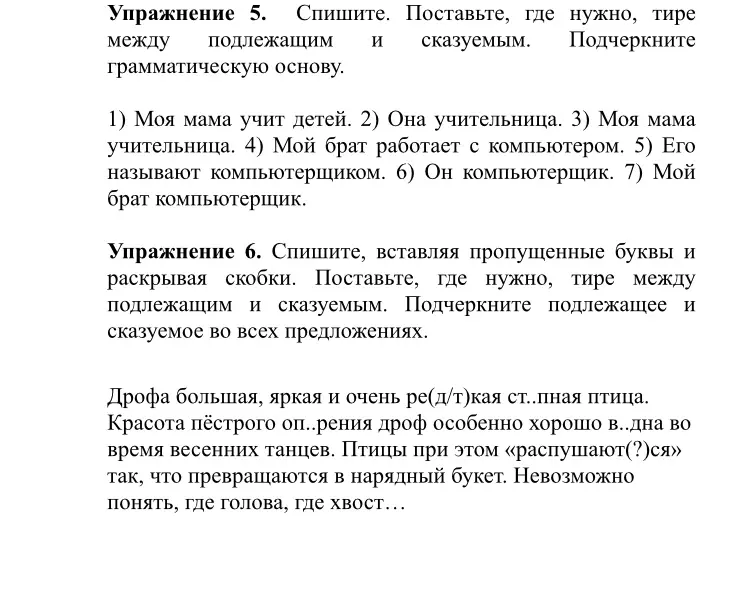  
Упражнение 5.  Спишите. Поставьте, где нужно, тире между подлежащим и сказуемым. Подчеркните грамматическую основу.
 
1) Моя мама учит детей. 2) Она учительница. 3) Моя мама учительница. 4) Мой брат работает с компьютером. 5) Его называют компьютерщиком. 6) Он компьютерщик. 7) Мой брат компьютерщик.
 
Упражнение 6. Спишите, вставляя пропущенные буквы и раскрывая скобки. Поставьте, где нужно, тире между подлежащим и сказуемым. Подчеркните подлежащее и сказуемое во всех предложениях.
 

Дрофа большая, яркая и очень ре(д/т)кая ст..пная птица. Красота пёстрого оп..рения дроф особенно хорошо в..дна во время весенних танцев. Птицы при этом «распушают(?)ся» так, что превращаются в нарядный букет. Невозможно понять, где голова, где хвост…