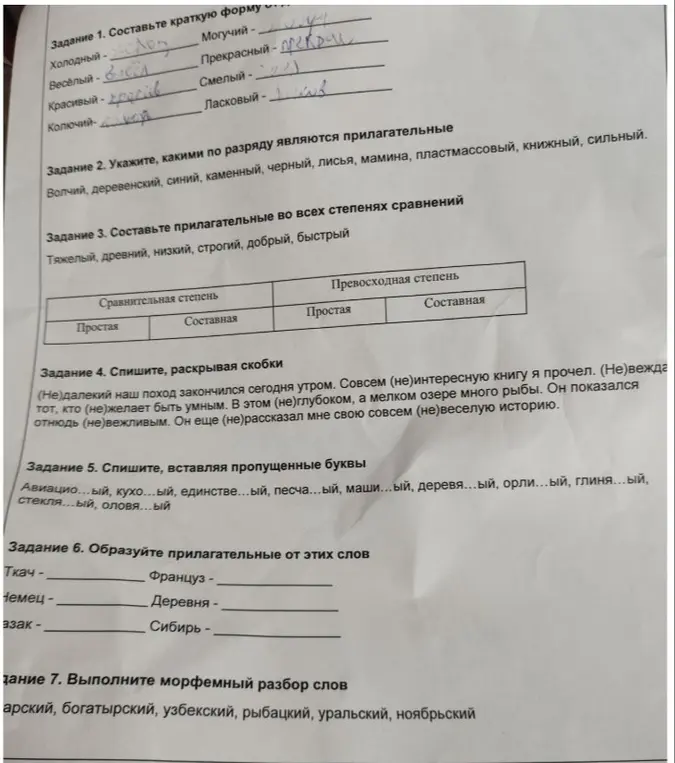 Выполни упражнения: Составь краткую форму прилагательных, укажи разряд прилагательных, составь степени сравнения прилагательных, раскрой скобки, вставь пропущенные буквы, образуй прилагательные от слов, выполни морфемный разбор слов