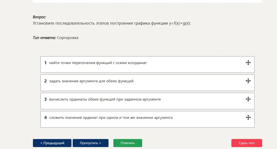 Установи последовательность этапов построения графика функции y=f(x)+g(x)