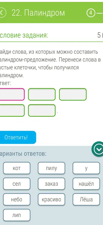 Найди слова, из которых можно составить палиндром-предложение. Перенеси слова в пустые клеточки, чтобы получился палиндром.
