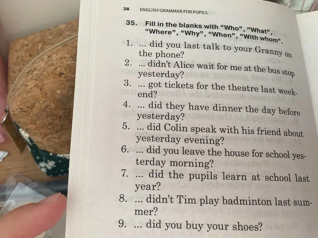 Заполни пропуски вопросительными словами: "Who", "What", "Where", "Why", "When”, “With whom"