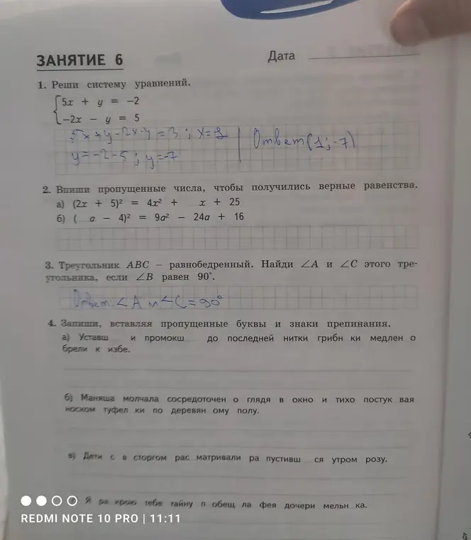 Реши систему уравнений, впиши пропущенные числа, найди углы треугольника и вставь пропущенные буквы и знаки препинания