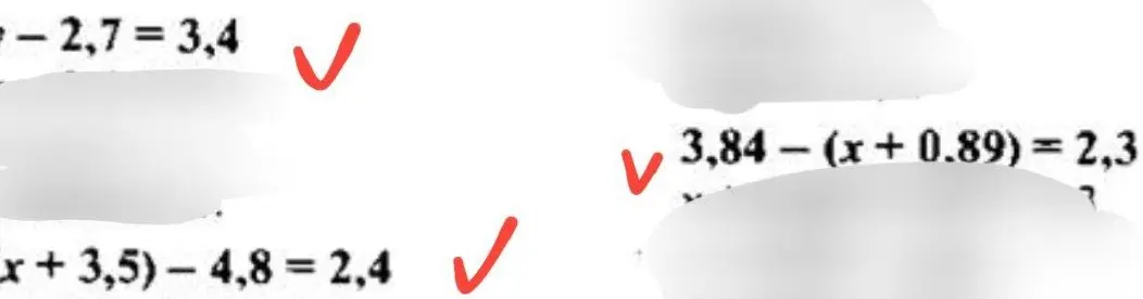 Реши уравнения x - 2,7 = 3,4, 3,84 - (x + 0.89) = 2,3, (x + 3,5) - 4,8 = 2,4