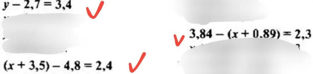 Реши уравнения y - 2,7 = 3,4, 3,84 - (x + 0.89) = 2,3 и (x+3,5)-4,8 = 2,4
