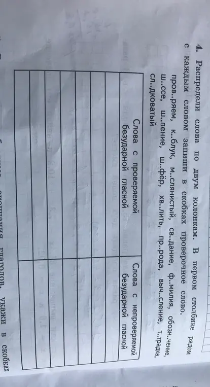 Распредели слова по двум колонкам: с проверяемой и непроверяемой безударной гласной