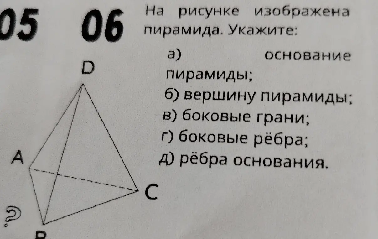 Укажи основание, вершину, боковые грани, боковые рёбра и рёбра основания пирамиды на рисунке