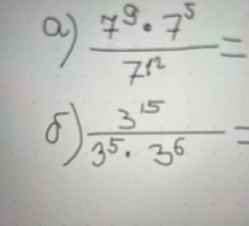 Вычислить выражения со степенями: а) $\frac{7^9 \cdot 7^5}{7^{12}}$ и б) $\frac{3^{15}}{3^5 \cdot 3^6}$