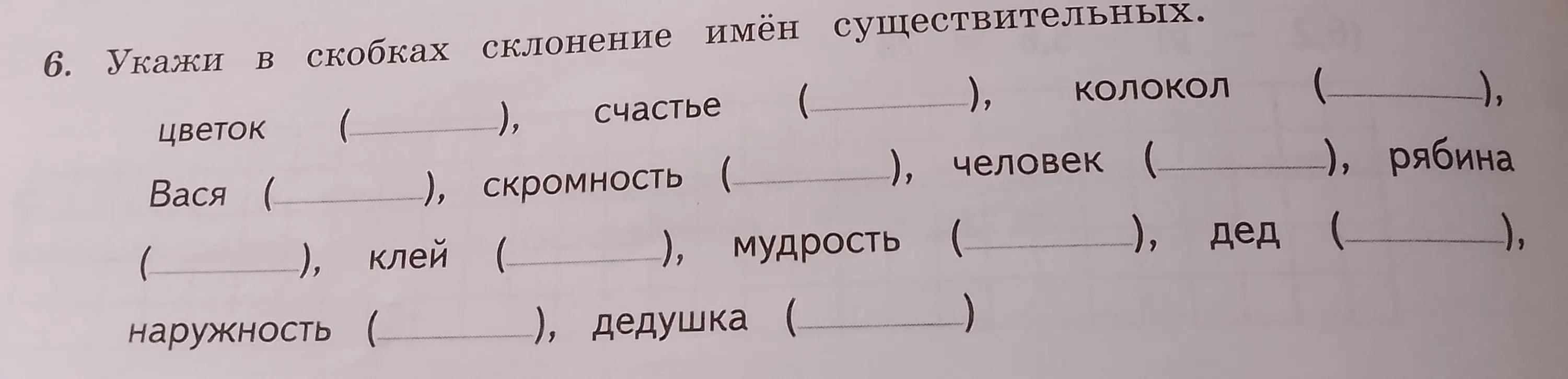 Укажи в скобках склонение имён существительных