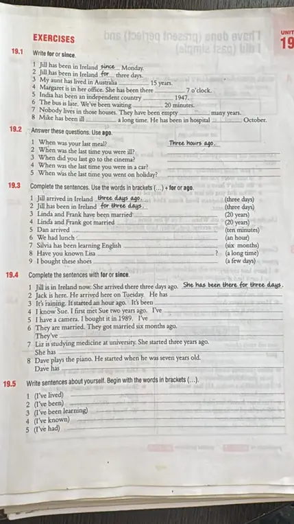Выполни упражнения по английскому языку, используя 'for' или 'since', 'ago' и Present Perfect.