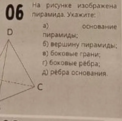 Укажи элементы пирамиды: основание, вершину, боковые грани, боковые рёбра, рёбра основания