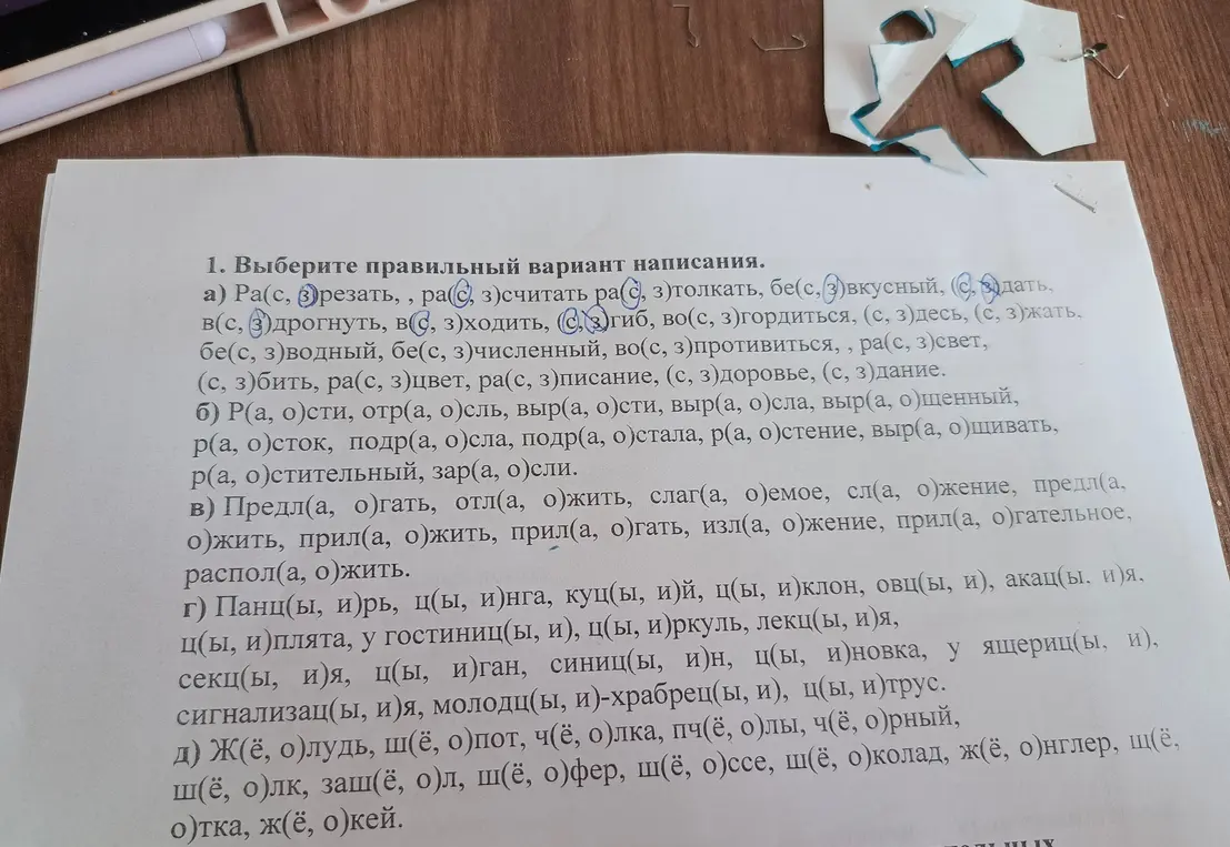 Выбери правильный вариант написания слов в предложенных группах.