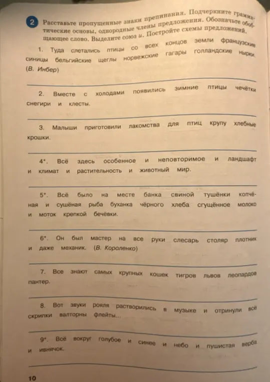 Расставь пропущенные знаки препинания, подчеркни грамматические основы, однородные члены предложения, обозначь обобщающее слово и построй схемы предложений в предложении "Туда слетались птицы со всех концов земли французские синицы бельгийские щеглы норвежские гагары голландские нырки"
