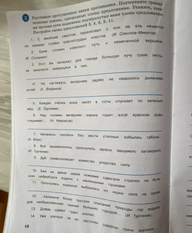 Расставь пропущенные знаки препинания, подчеркни грамматические основы и однородные члены предложения, а также укажи какими частями речи они выражены. Построй схемы предложений 3, 4, 6, 9, 11.