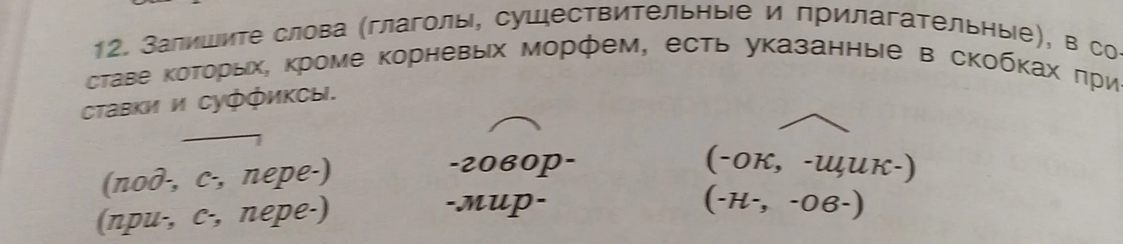 Запиши слова (глаголы, существительные и прилагательные), в составе которых, кроме корневых морфем, есть указанные в скобках приставки и суффиксы.