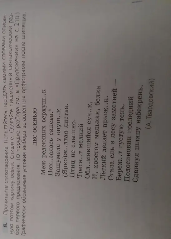 Прочитай стихотворение. Попытайся передать своими словами описанную поэтом картину осени. Спиши. Сделай письменный синтаксический разбор первого предложения. Обозначь графически условия выбора вставленных орфограмм после шипящих.