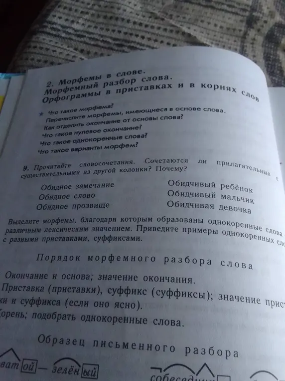 Прочитай словосочетания. Сочетаются ли прилагательные из одной колонки с существительными из другой колонки? Почему? Выдели морфемы, благодаря которым образованы однокоренные слова с различным лексическим значением. Приведи примеры однокоренных слов с разными приставками, суффиксами.