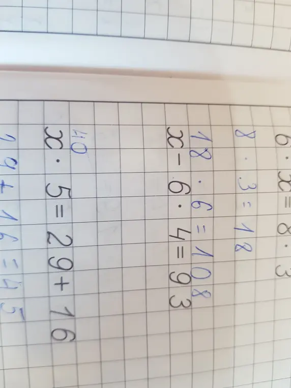 Реши примеры с уравнениями 6 * x = 8 * 3, x - 6 * 4 = 93 и x * 5 = 29 + 16
