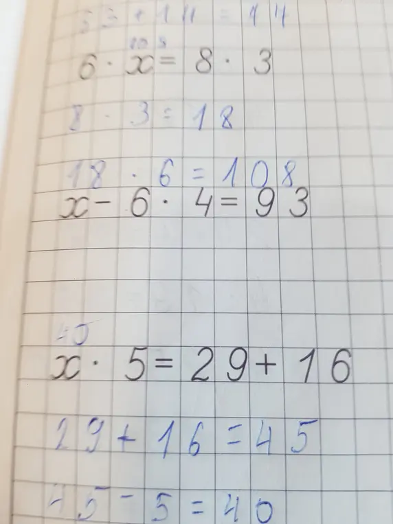 Реши примеры с уравнениями 6 * x = 8 * 3, x - 6 * 4 = 93 и x * 5 = 29 + 16