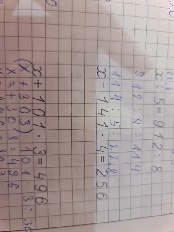 Реши уравнения: x : 5 = 912 : 8, x - 14,7 * 4 = 2,56 и (x + 70) : 3 = 496 : 31.