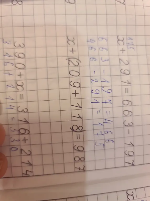Реши уравнения: x + 291 = 663 - 197, x + (209 + 178) = 987, 390 + x = 316 + 214
