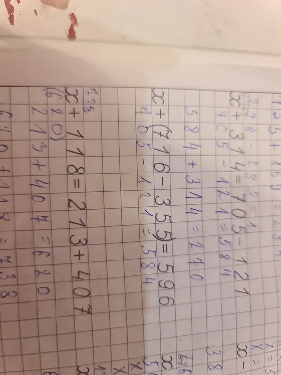Проверь, правильно ли я решил уравнения $X + 159 = 224$, $224 + 705 - 12 = 834$, $584 + 314 = 270$, $X + 76 - 355 = 596$ и $X + 178 = 213 + 407$