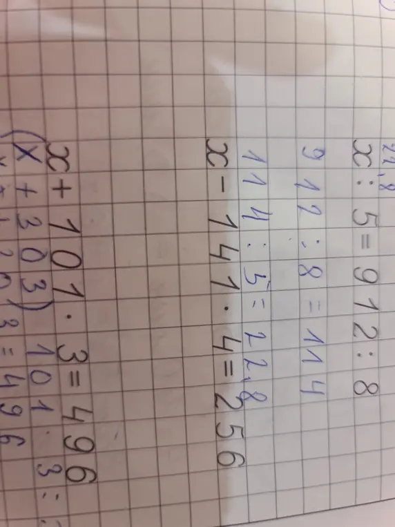 Реши уравнение x : 5 = 912 : 8