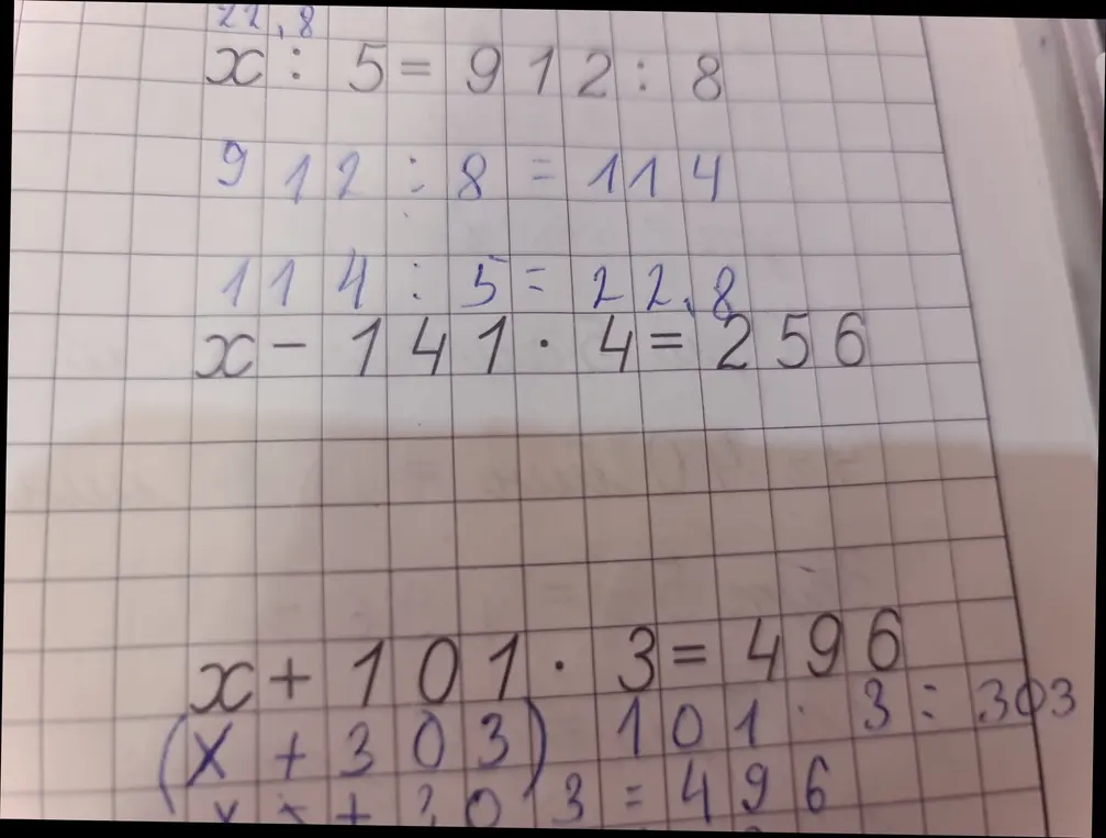 Реши уравнение $x : 5 = 912 : 8$, $x - 141 \times 4 = 256$, $(x + 101) \times 3 = 496$