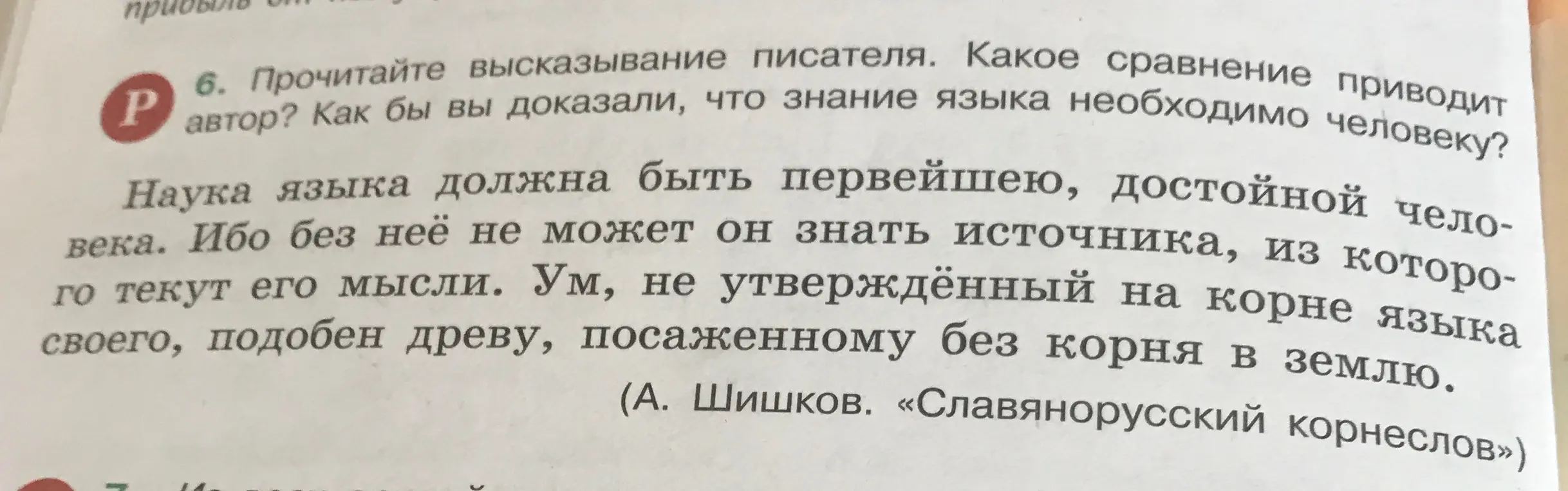 Какое сравнение приводит автор в высказывании: «Наука языка должна быть первейшею, достойною человека. Ибо без неё не может он знать источника, из которого текут его мысли. Ум, не утверждённый на корне языка своего, подобен древу, посаженному без корня в землю»?