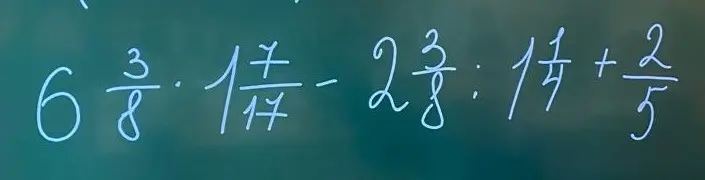 Вычисли значение выражения $6\frac{3}{8} \cdot 1\frac{7}{17} - 2\frac{3}{8} : 1\frac{1}{4} + \frac{2}{5}$