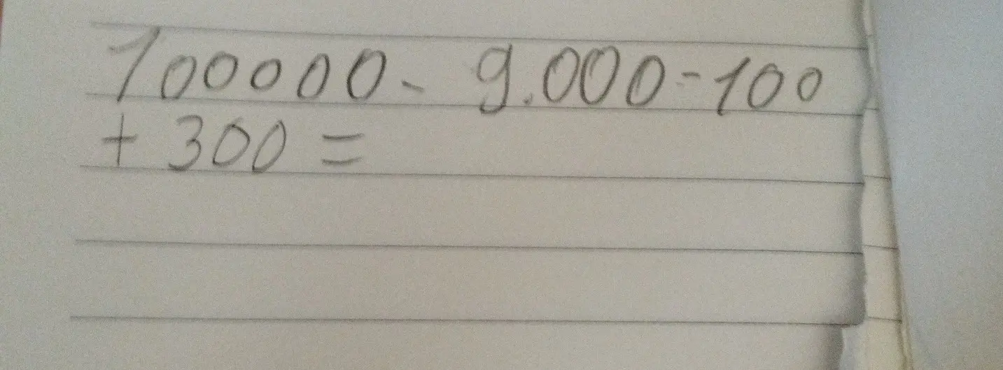 Реши пример 100000 - 9000 - 100 + 300 =