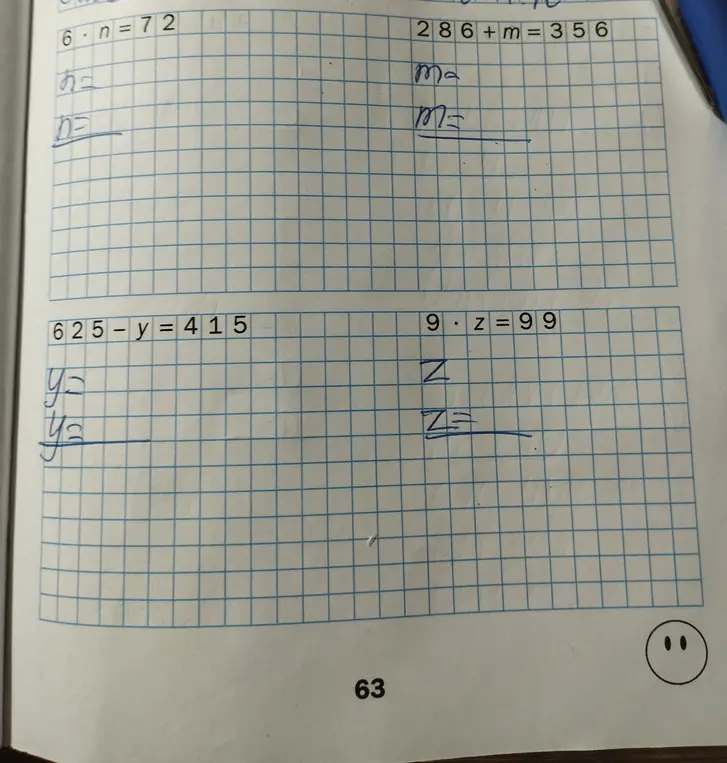 Реши уравнения: 6 · n = 72, 286 + m = 356, 625 - y = 415, 9 · z = 99