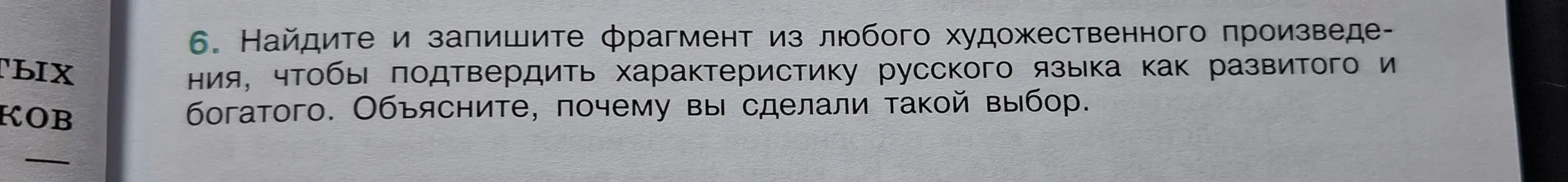 Найди и запиши фрагмент из любого художественного произведения, чтобы подтвердить характеристику русского языка как развитого и богатого
