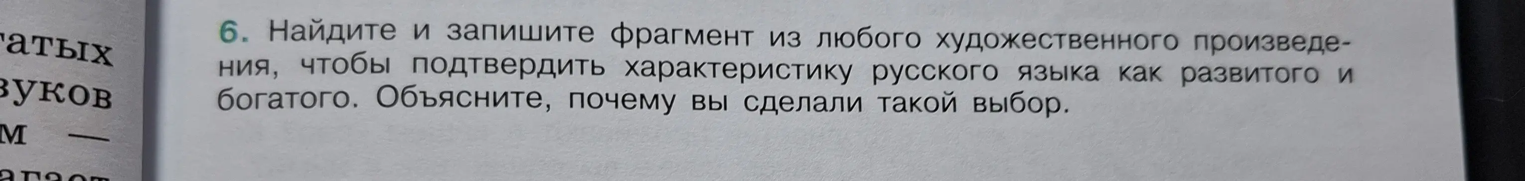 Найди и запиши фрагмент из любого художественного произведения, чтобы подтвердить характеристику русского языка как развитого и богатого. Объясни, почему ты сделал такой выбор.