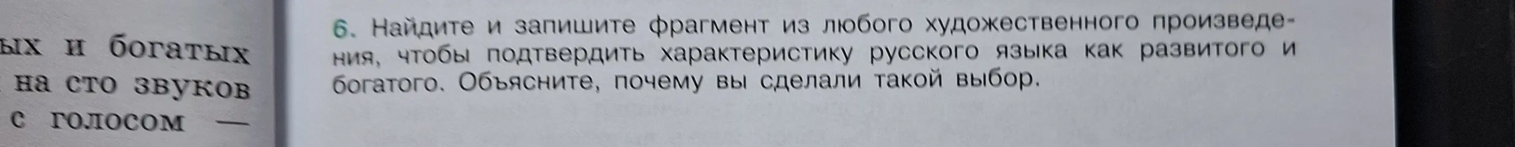 Найди и запиши фрагмент из любого художественного произведения, чтобы подтвердить характеристику русского языка как развитого и богатого.