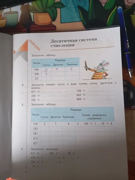Заполните таблицу с числами 946, 308, 25, указав сотни, десятки и единицы