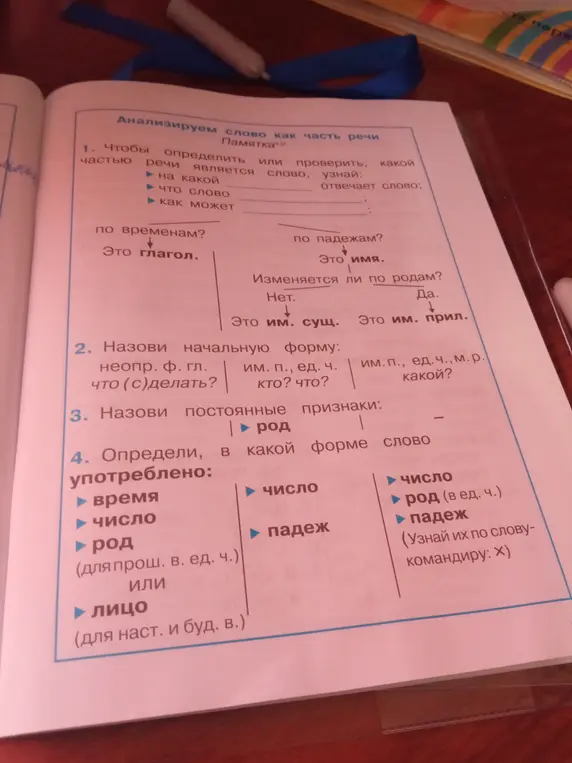 Проанализируй слово как часть речи по предложенной памятке.
