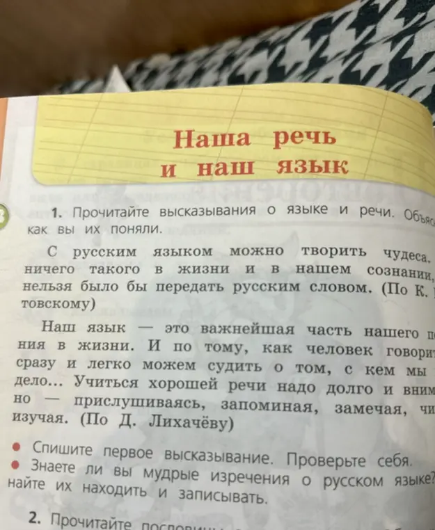 Прочитай высказывания о языке и речи. Объясни, как я их понял. Спиши первое высказывание. Знаешь ли ты мудрые изречения о русском языке? Постарайся их находить и записывать.